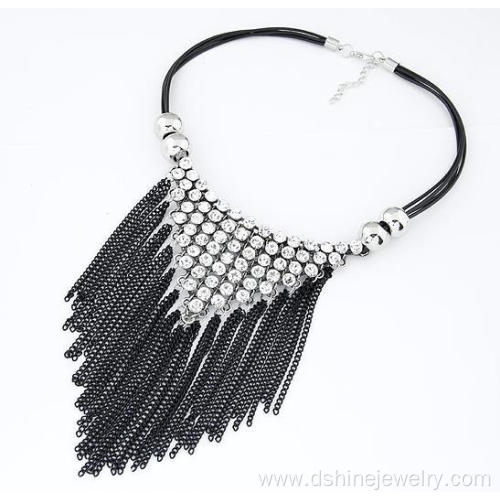 Rhinestone Triangle Necklace Statement Tassel Chain Necklace